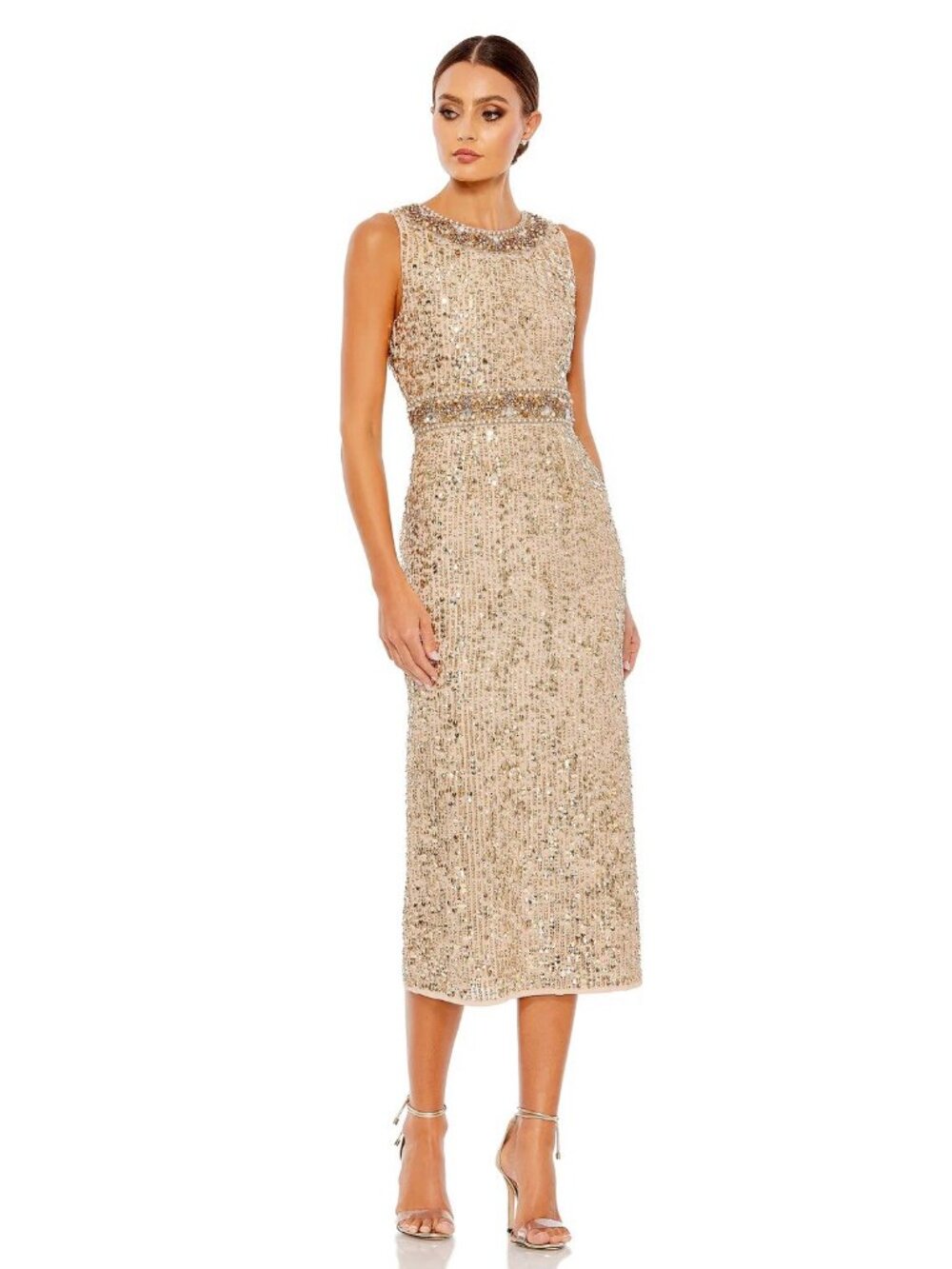 Mac Duggal Size 2 Gold 10739 Pearls Beads Sequins Sleeveless Cocktail Midi Dress